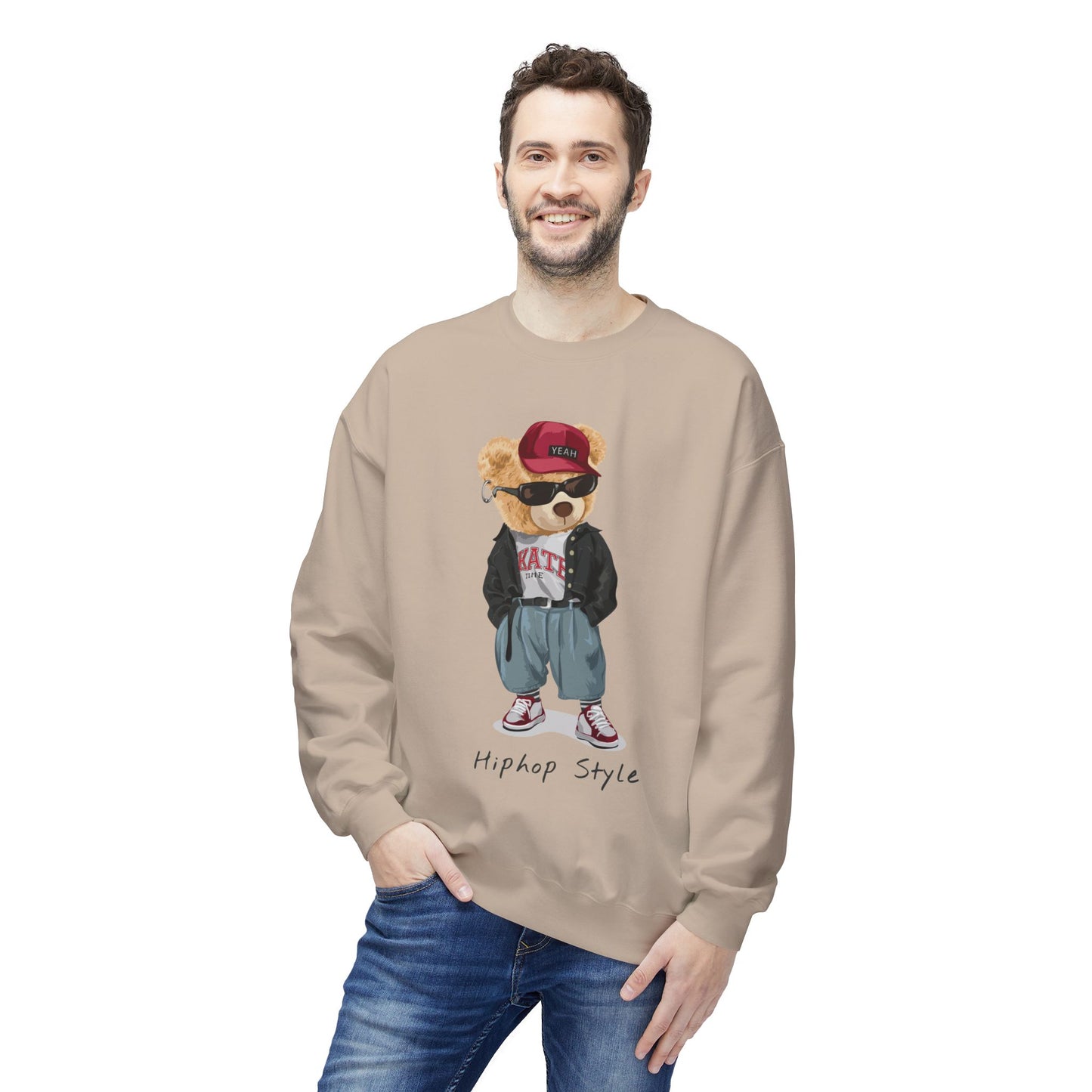 Hip Hop Bear Sweatshirt, Streetwear Crewneck, Unisex Fleece Top, Trendy Gift, Casual Style, Fashionable Layering Piece