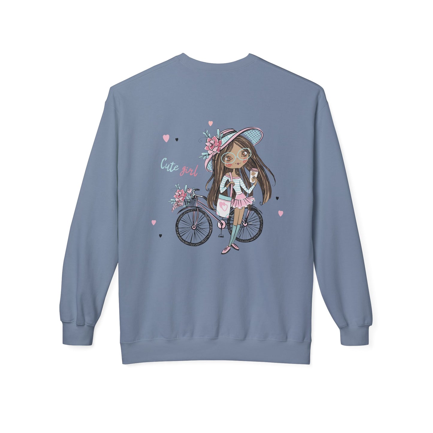 Cute Girl on Bicycle Sweatshirt, Cozy Fleece Crewneck, Spring Fashion, Gift for Her, Casual Sweatshirt, Cartoon Design