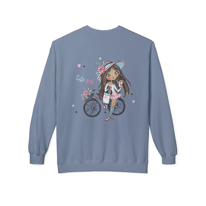 Cute Girl on Bicycle Sweatshirt, Cozy Fleece Crewneck, Spring Fashion, Gift for Her, Casual Sweatshirt, Cartoon Design