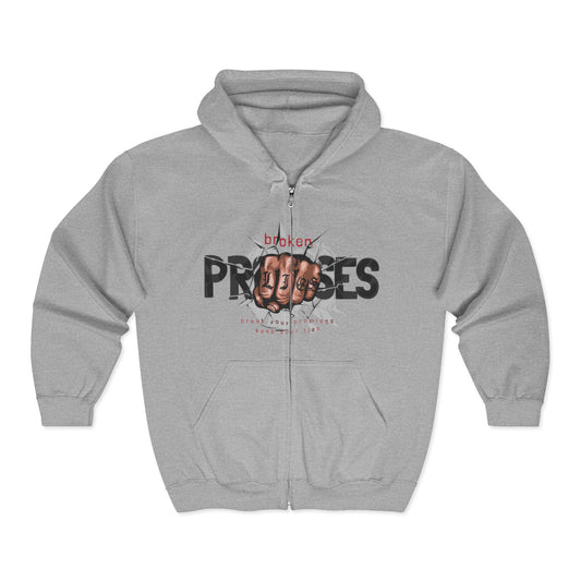 Full Zip Hooded Sweatshirt - Broken Promises, Kept Lies - Classic Comfy Design - Medium-Heavy Fabric - Unisex Sport Grey