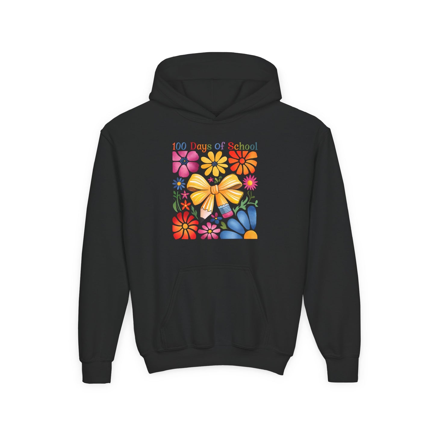 Bright Floral 100 Days of School Youth Hoodie, Colorful Kids Sweatshirt, School Celebration Apparel, Student Gift, Fun Classroom Outfit Black
