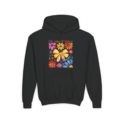 Bright Floral 100 Days of School Youth Hoodie, Colorful Kids Sweatshirt, School Celebration Apparel, Student Gift, Fun Classroom Outfit Black