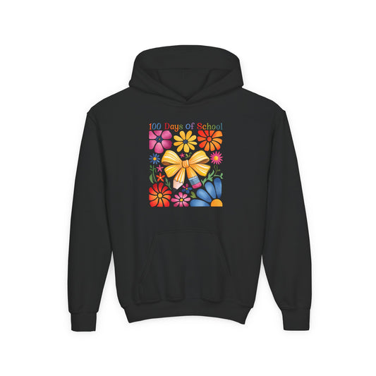 Bright Floral 100 Days of School Youth Hoodie, Colorful Kids Sweatshirt, School Celebration Apparel, Student Gift, Fun Classroom Outfit Black