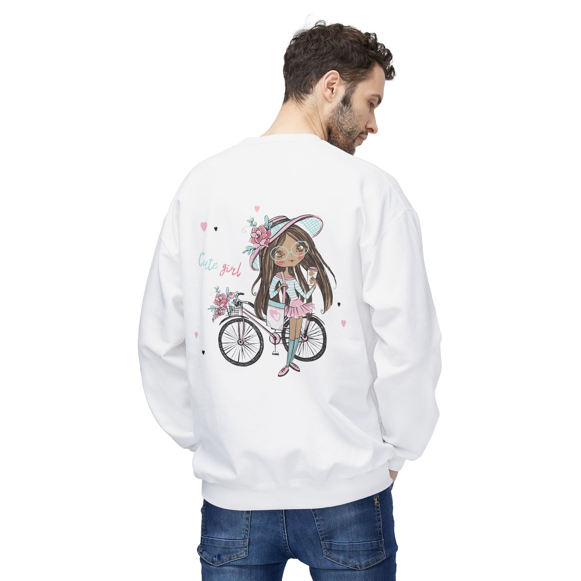 Cute Girl on Bicycle Sweatshirt, Cozy Fleece Crewneck, Spring Fashion, Gift for Her, Casual Sweatshirt, Cartoon Design
