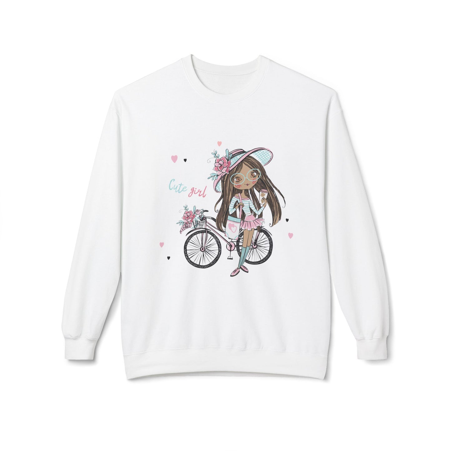 Cute Girl on Bicycle Sweatshirt, Cozy Fleece Crewneck, Spring Fashion, Gift for Her, Casual Sweatshirt, Cartoon Design White