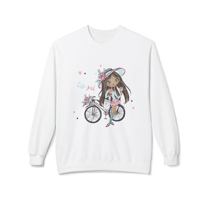 Cute Girl on Bicycle Sweatshirt, Cozy Fleece Crewneck, Spring Fashion, Gift for Her, Casual Sweatshirt, Cartoon Design White