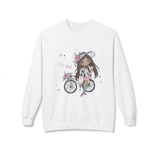 Cute Girl on Bicycle Sweatshirt, Cozy Fleece Crewneck, Spring Fashion, Gift for Her, Casual Sweatshirt, Cartoon Design White
