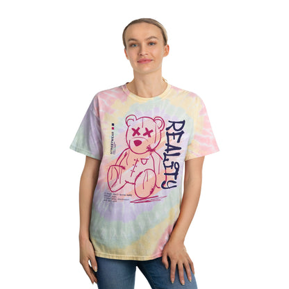 Unisex "Reality" Tie Dye T-Shirt – Streetwear Graphic Tee with Edgy Teddy Bear & Motivational Quote – 100% Cotton Pastel Shirt Hazy Rainbow