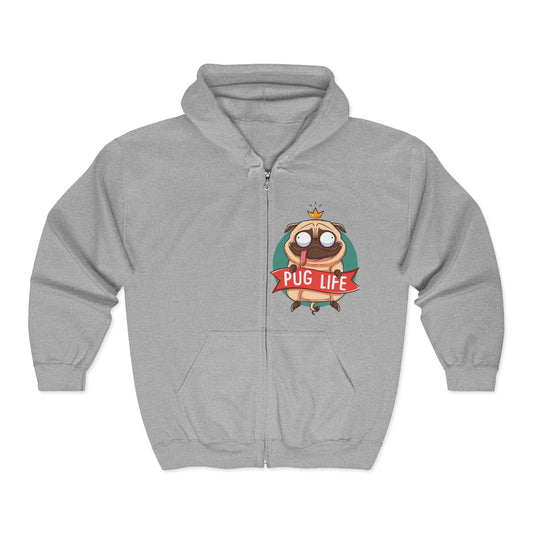 Pug Life Zip-Up Hoodie | Funny Pet Apparel, Gift for Dog Lovers, Cute Animal Sweatshirt, Casual Wear, Everyday Comfort Sport Grey