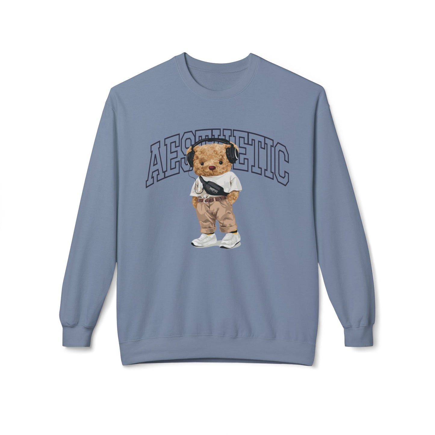 Aesthetic Bear Crewneck Sweatshirt | Cozy Unisex Fleece Top, Casual Wear, Gift Idea, Trendy Fashion, Streetwear Style, Comfortable Layer Stone Blue