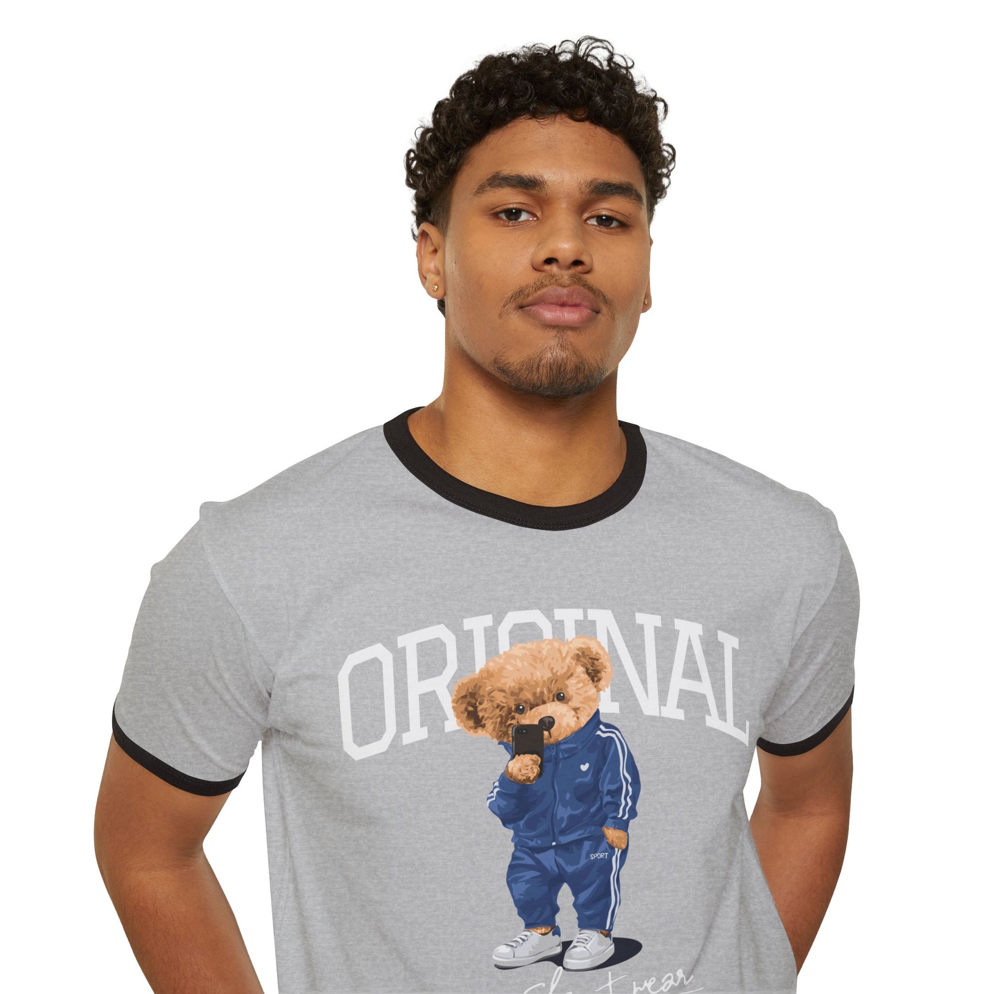Unisex Ringer T-Shirt with Cute Bear Design - Casual Wear, Fun Gift, Original Style, Everyday Comfort, Unique Apparel Heather Grey Black