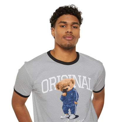 Unisex Ringer T-Shirt with Cute Bear Design - Casual Wear, Fun Gift, Original Style, Everyday Comfort, Unique Apparel Heather Grey Black