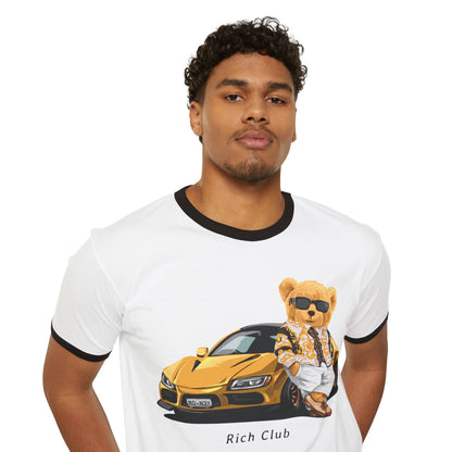 Rich Club Bear Unisex Cotton Ringer T-Shirt, Casual Wear, Streetwear, Gift for Car Lovers, Fun Graphic Tee