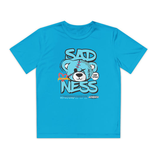 Youth Sadness Bear Tee - Unique Graphic T-Shirt for Kids, Casual Wear, Birthday Gift, Trendy Streetwear, Emotional Support Apparel Atomic Blue