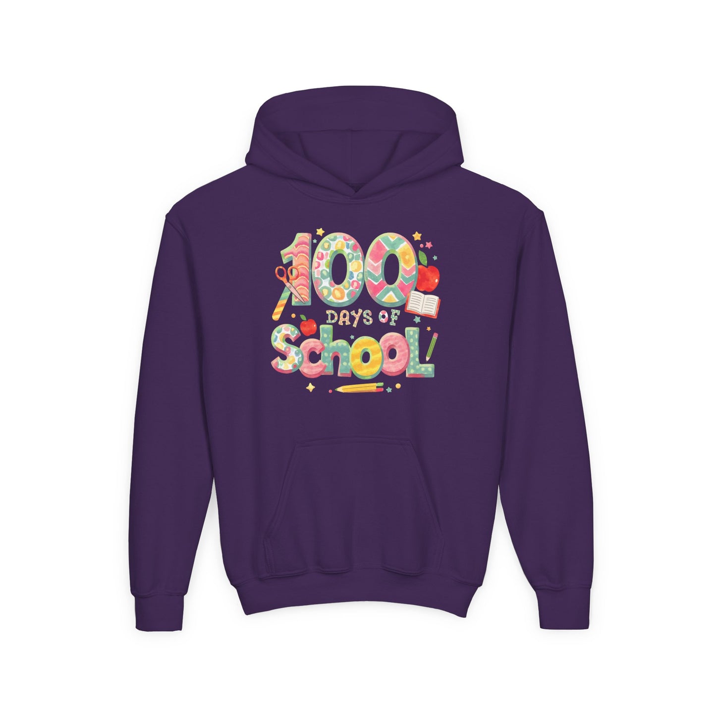 100 Days of School Youth Hoodie, Colorful School Spirit Sweatshirt, Kids Celebration Hoodie, Perfect for School Events, Fun Memory Gear Purple