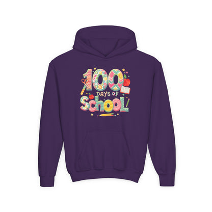 100 Days of School Youth Hoodie, Colorful School Spirit Sweatshirt, Kids Celebration Hoodie, Perfect for School Events, Fun Memory Gear Purple