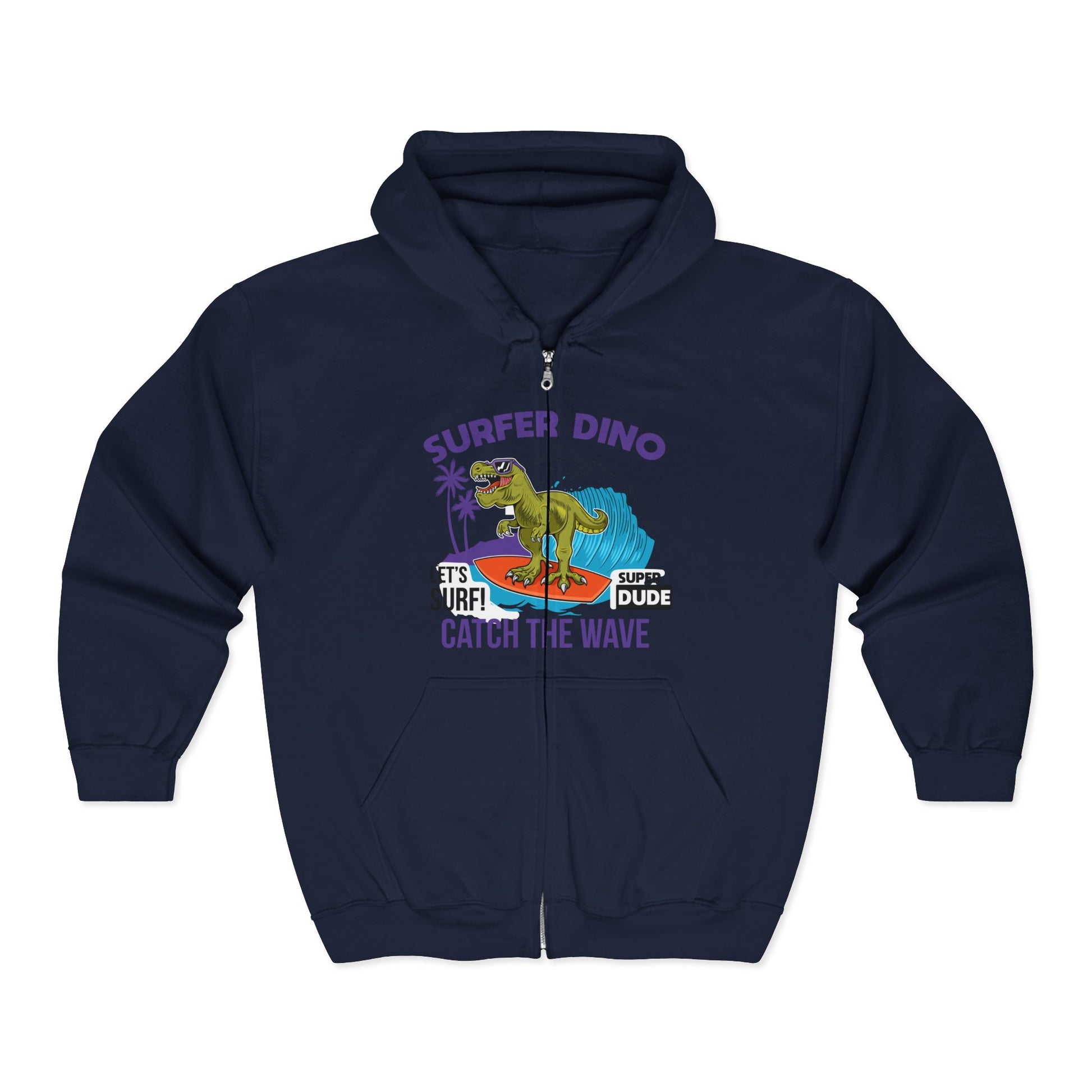 Surfer Dino Full Zip Hoodie - Catch the Wave, Surfing Sweatshirt for Beach Lovers, Gifts for Dino Enthusiasts, Fun Casual Wear Navy