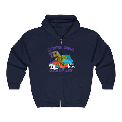 Surfer Dino Full Zip Hoodie - Catch the Wave, Surfing Sweatshirt for Beach Lovers, Gifts for Dino Enthusiasts, Fun Casual Wear Navy