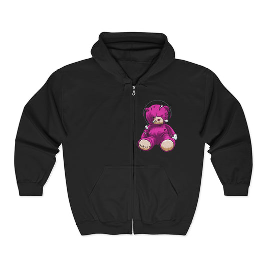 Cute Teddy Bear Zip-Up Hoodie, Cozy Sweatshirt, Gift for Kids, Music Lover's Apparel, Birthday Present, Casual Wear Black