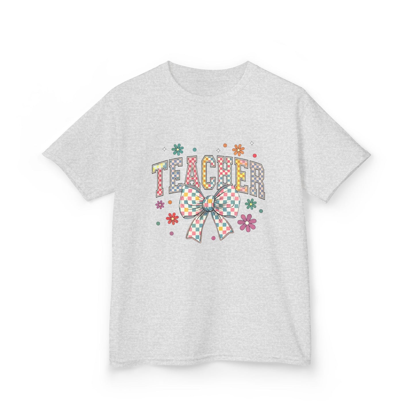 Teacher Kids Tee with Colorful Bow Design, Perfect for Back to School, Teacher Appreciation, Birthday Gift, Fun Classroom Wear Ash XL