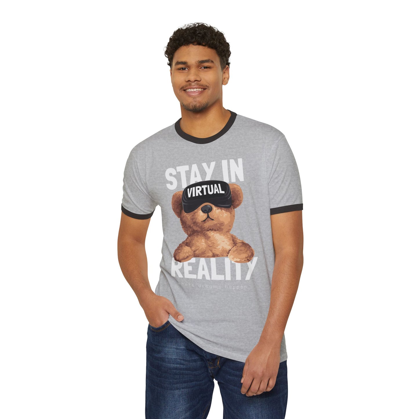 Unisex Virtual Reality Ringer T-Shirt - Stay in Reality, Cute Bear Graphic Tee for Casual Wear, Perfect Gift for Gamers, Birthday