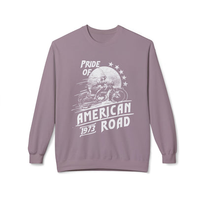 Pride of American Road Crewneck Sweatshirt, Cozy Unisex Fleece Top, Ideal Gift for Bikers, Road Trip Apparel, 1973 Vintage Style Paragon