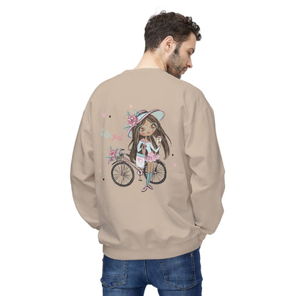 Cute Girl on Bicycle Sweatshirt, Cozy Fleece Crewneck, Spring Fashion, Gift for Her, Casual Sweatshirt, Cartoon Design