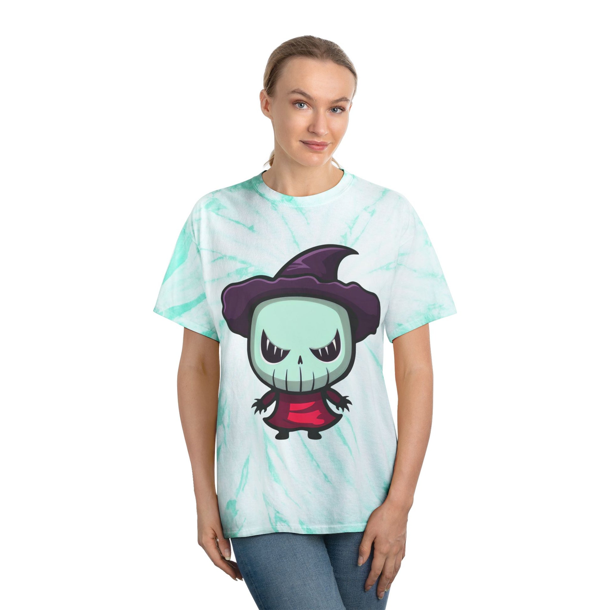 Whimsical Tie-Dye Tee with Cute Halloween Character | Fun Casual Wear, Unisex T-Shirt, Festival Clothing, Unique Gift - Cozy Kawaii LLC