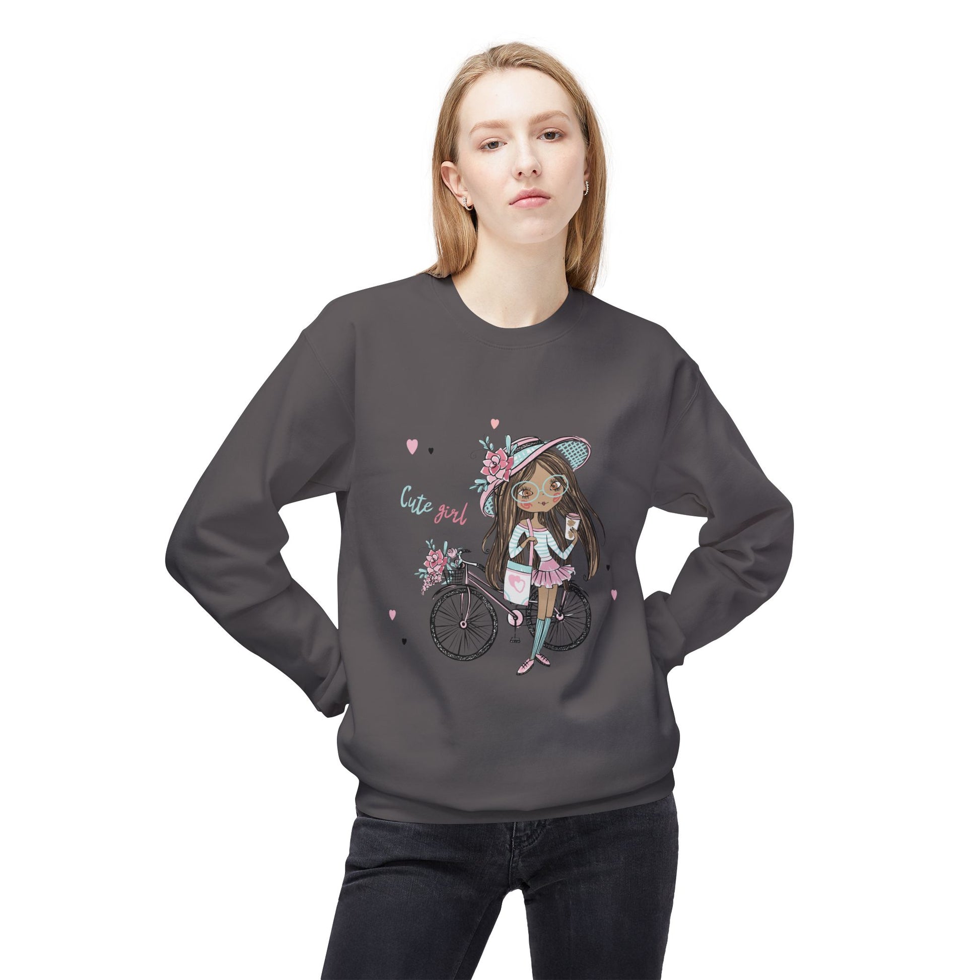 Cute Girl on Bicycle Sweatshirt, Cozy Fleece Crewneck, Spring Fashion, Gift for Her, Casual Sweatshirt, Cartoon Design