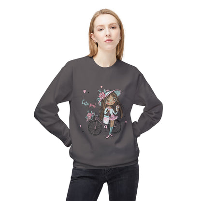 Cute Girl on Bicycle Sweatshirt, Cozy Fleece Crewneck, Spring Fashion, Gift for Her, Casual Sweatshirt, Cartoon Design