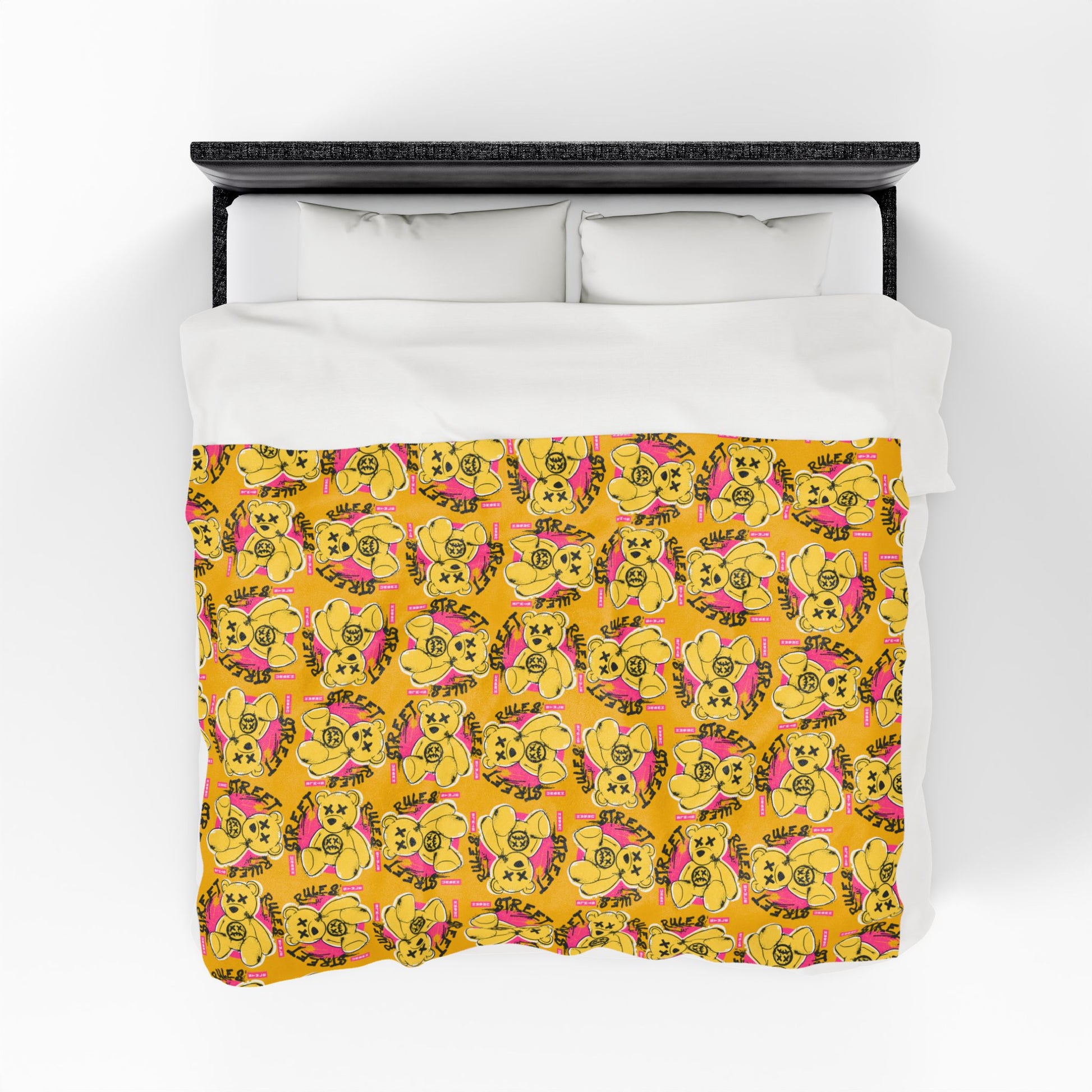 "Street Rules" Graphic Velveteen Plush Blanket – Soft Yellow Throw with Teddy Bear – Urban Graffiti Style Home Decor
