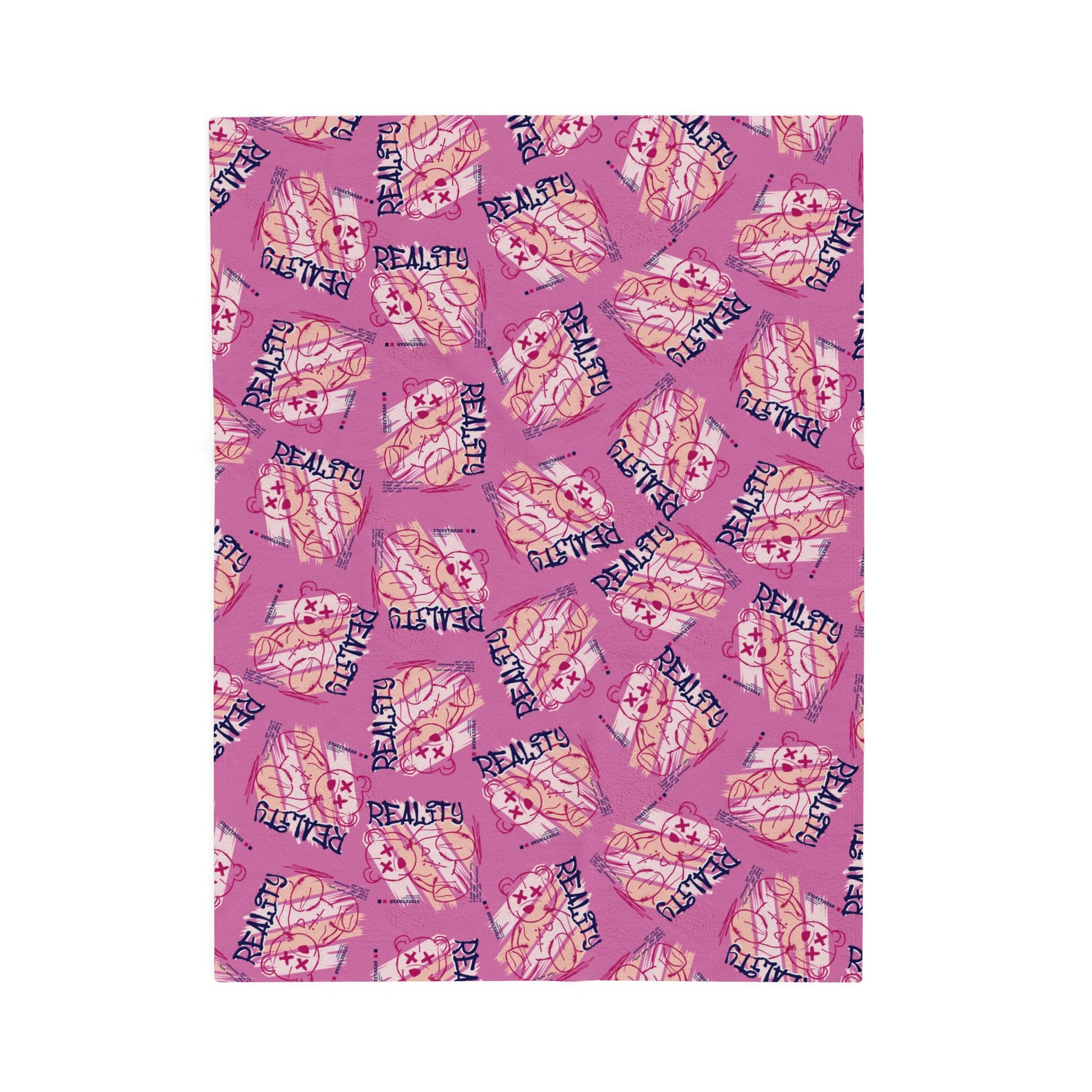 "Reality" Edgy Teddy Bear Graphic Velveteen Plush Blanket – Pink Soft Throw for Modern Home Decor – Streetwear Style