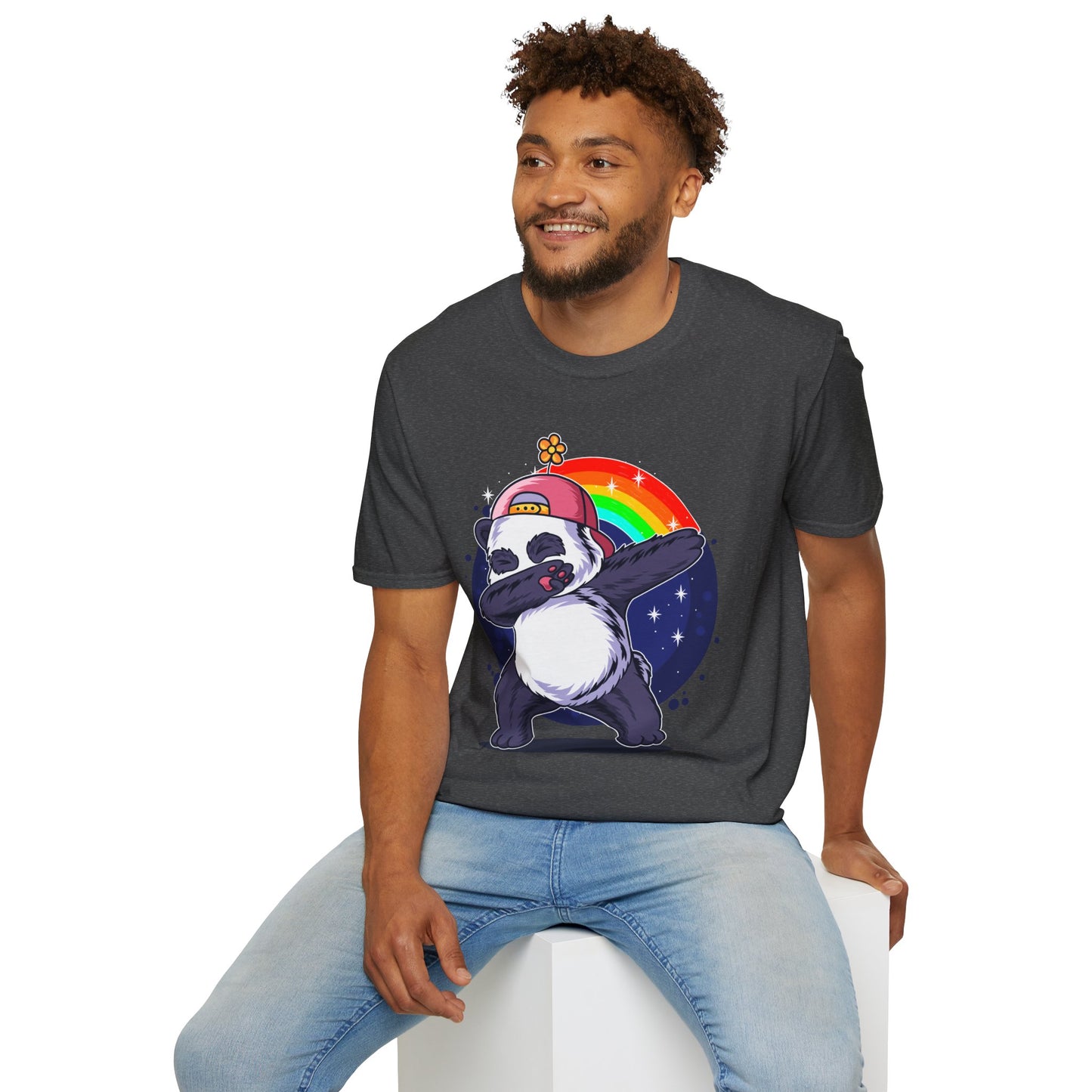 Rainbow Panda Unisex Softstyle T-Shirt, Cute Panda Tee, Gift for Animal Lovers, Fun Casual Wear, Birthday Present, Streetwear Fashion
