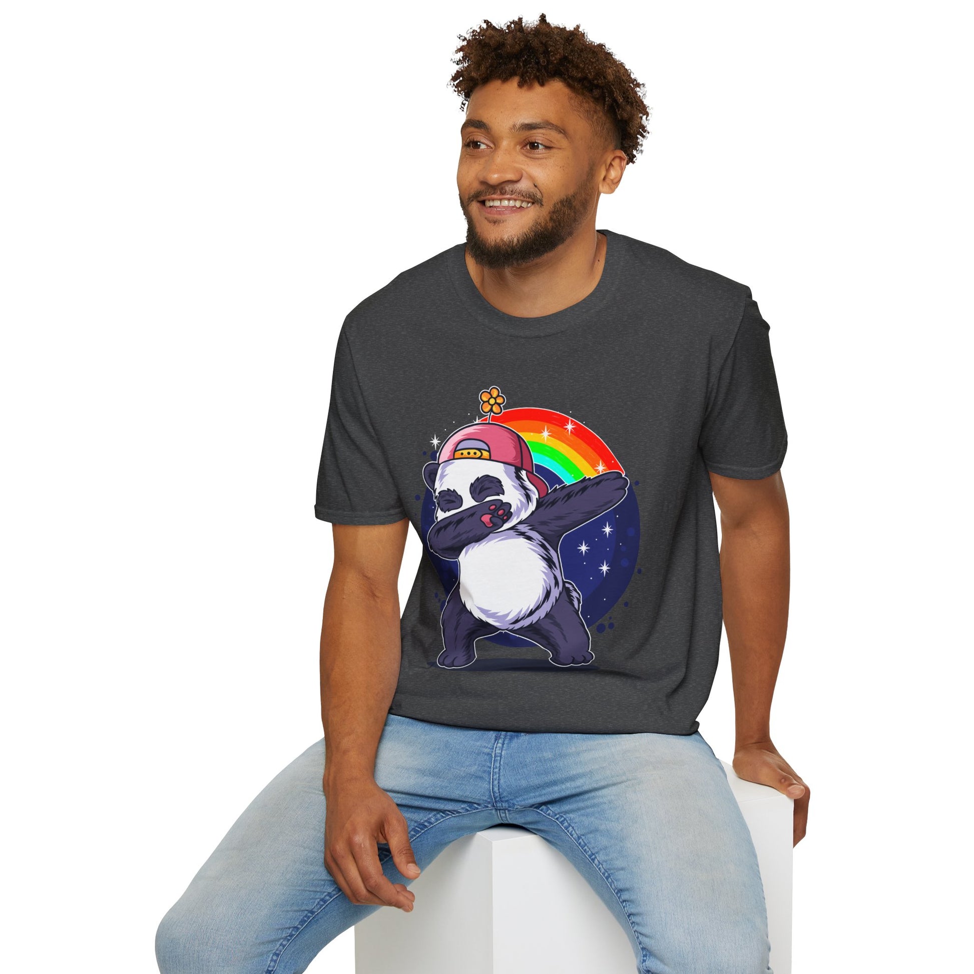 Rainbow Panda Unisex Softstyle T-Shirt, Cute Panda Tee, Gift for Animal Lovers, Fun Casual Wear, Birthday Present, Streetwear Fashion