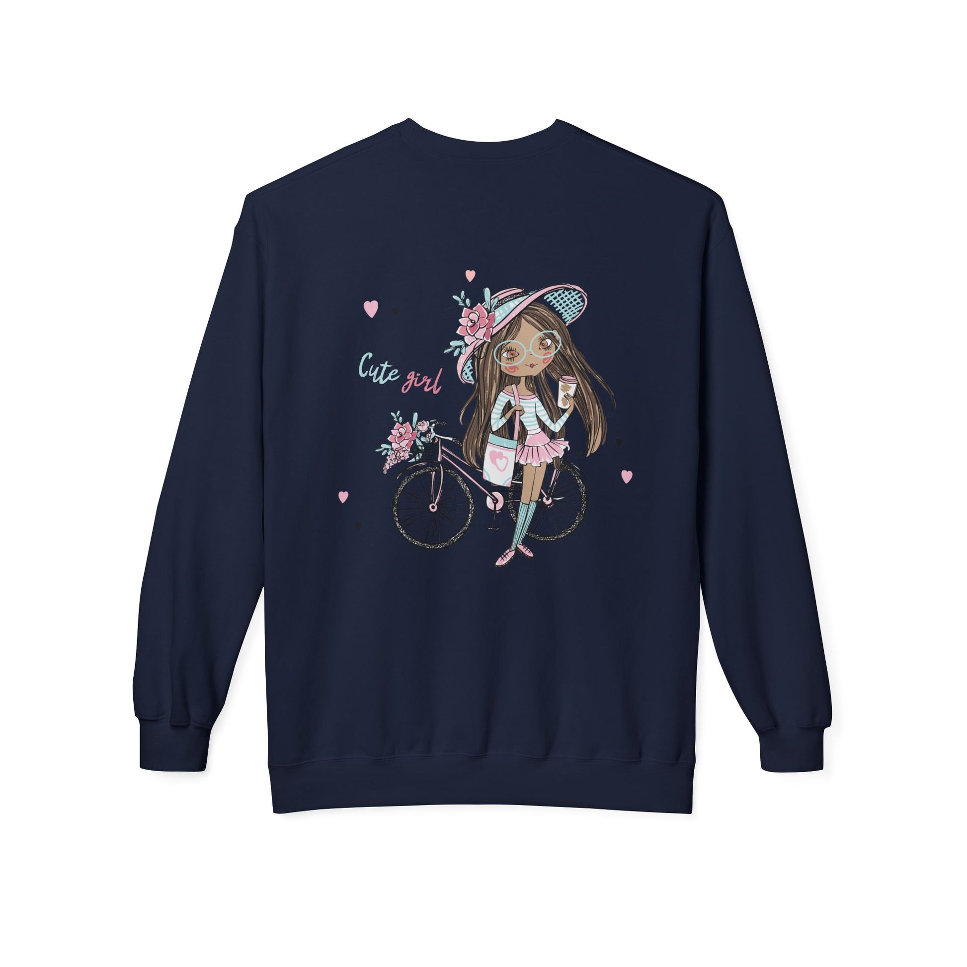 Cute Girl on Bicycle Sweatshirt, Cozy Fleece Crewneck, Spring Fashion, Gift for Her, Casual Sweatshirt, Cartoon Design