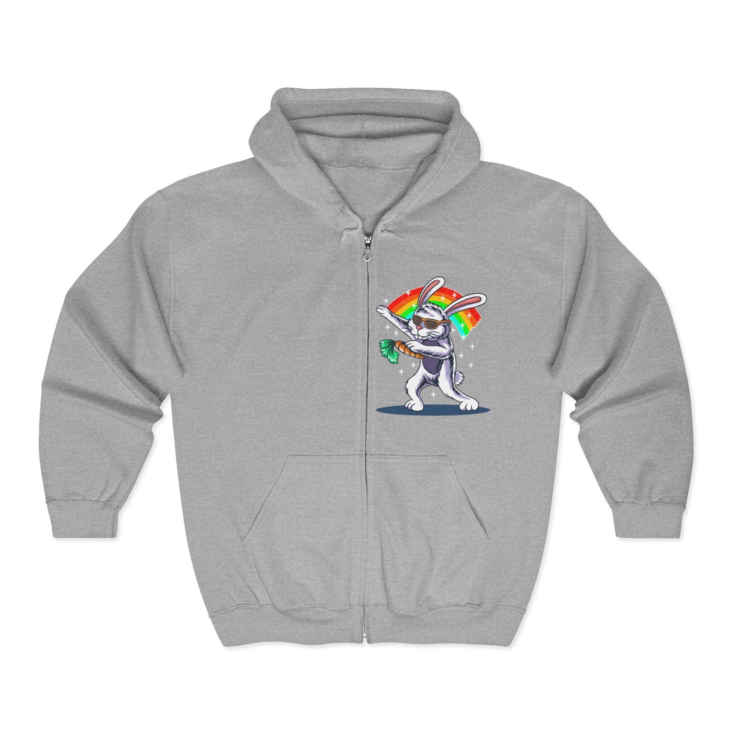 Colorful Bunny Zip-Up Hoodie, Unisex Rainbow Jacket, Fun Sweatshirt for All Occasions, Great Gift for Easter, Spring Celebrations Sport Grey