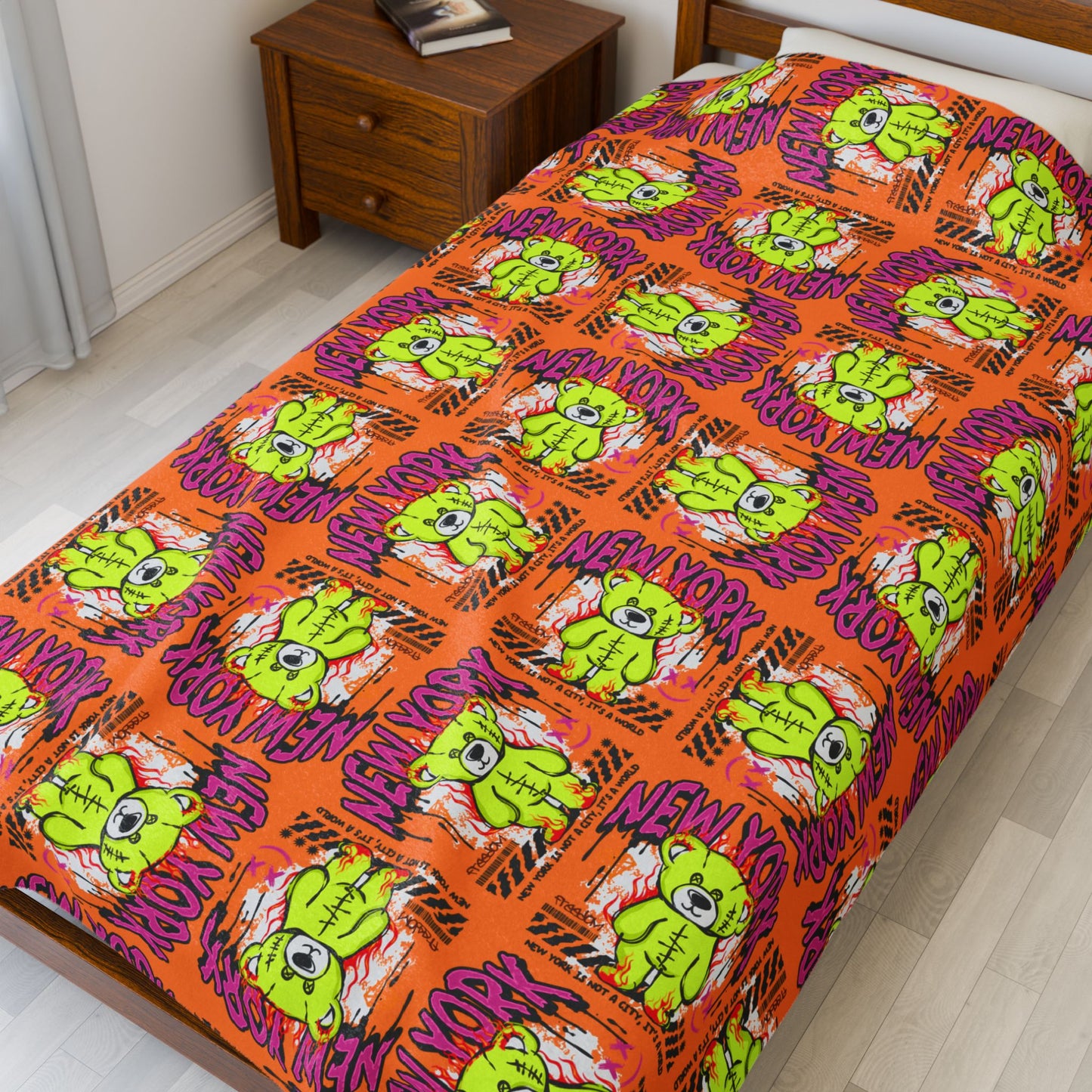 New York City Graphic Velveteen Plush Blanket – Soft Orange Throw with Green Bear – NYC Streetwear Souvenir Decor 60" × 80"