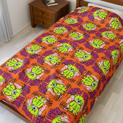 New York City Graphic Velveteen Plush Blanket – Soft Orange Throw with Green Bear – NYC Streetwear Souvenir Decor 60" × 80"