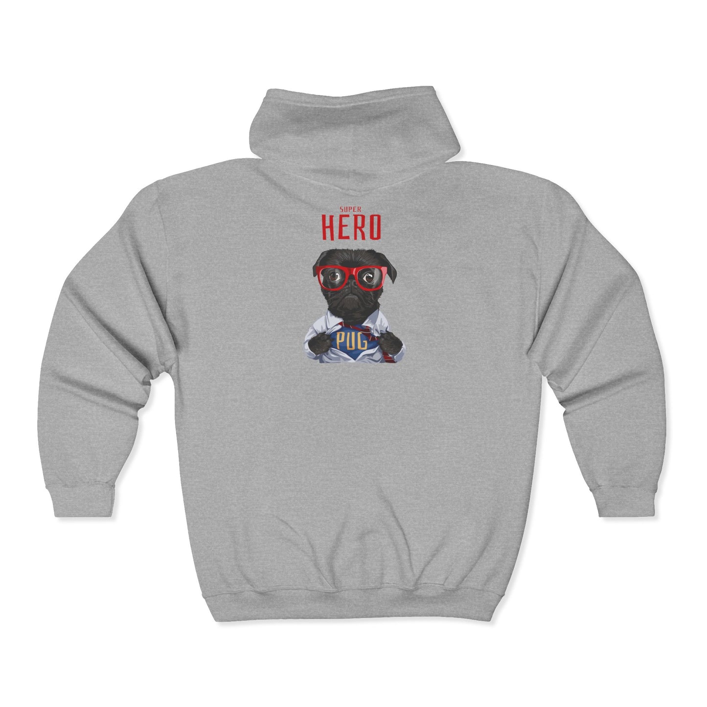 Hero Pug Full Zip Hoodie, Unisex Sweatshirt, Pet Lover Gift, Cute Hoodie, Dog Lover Apparel, Birthday Present, Funny Sweatshirt