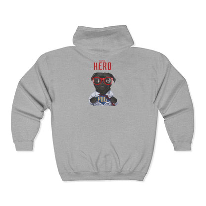 Hero Pug Full Zip Hoodie, Unisex Sweatshirt, Pet Lover Gift, Cute Hoodie, Dog Lover Apparel, Birthday Present, Funny Sweatshirt