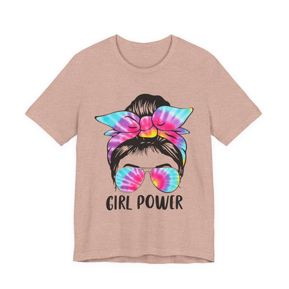 Girl Power Tie-Dye Tee, Unisex Short Sleeve Shirt, Feminist Apparel, Gift for Her, Casual Everyday Wear, Birthday Present Heather Prism Peach