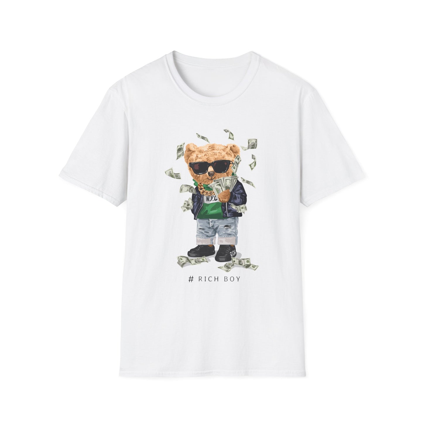 Rich Boy Graphic T-Shirt | Unisex Softstyle Tee | Cute Bear Design | Casual Wear | Gift for Kids | Birthday & Holiday White