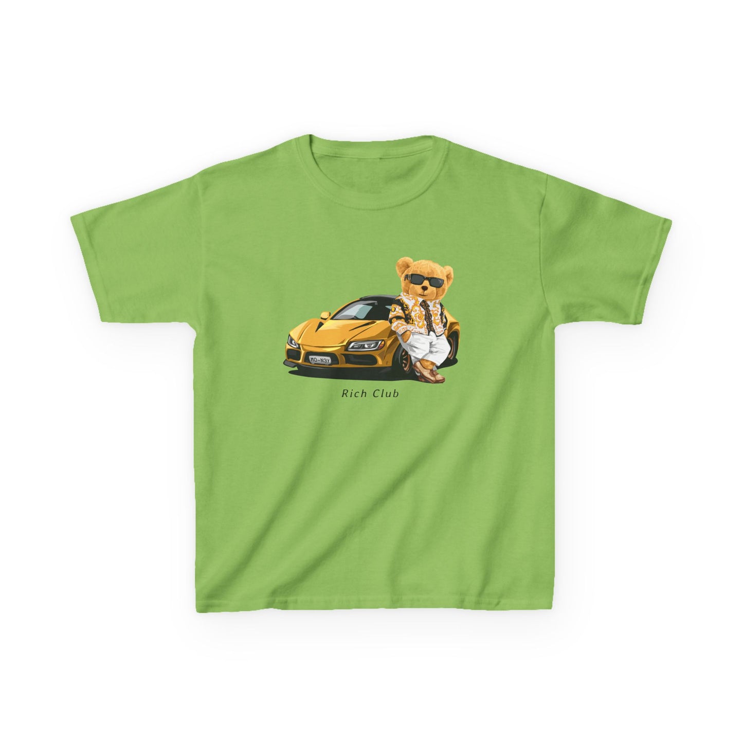 Cool Cartoon Bear Kids Tee, Fun Gift for Birthdays, Car Lovers T-Shirt, Playful Kid's Clothing, Perfect for Casual Days, Summer Fun Lime