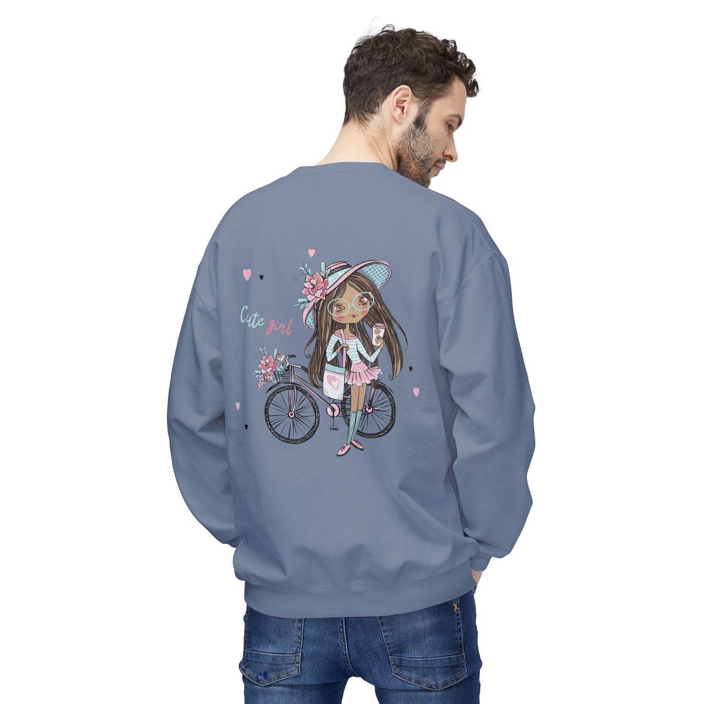 Cute Girl on Bicycle Sweatshirt, Cozy Fleece Crewneck, Spring Fashion, Gift for Her, Casual Sweatshirt, Cartoon Design
