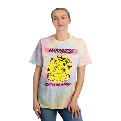 Unisex "Happiness" Tie Dye T-Shirt – Feel-Good Streetwear Graphic Tee with Teddy Bear & Positive Quote – Soft Cotton Hazy Rainbow