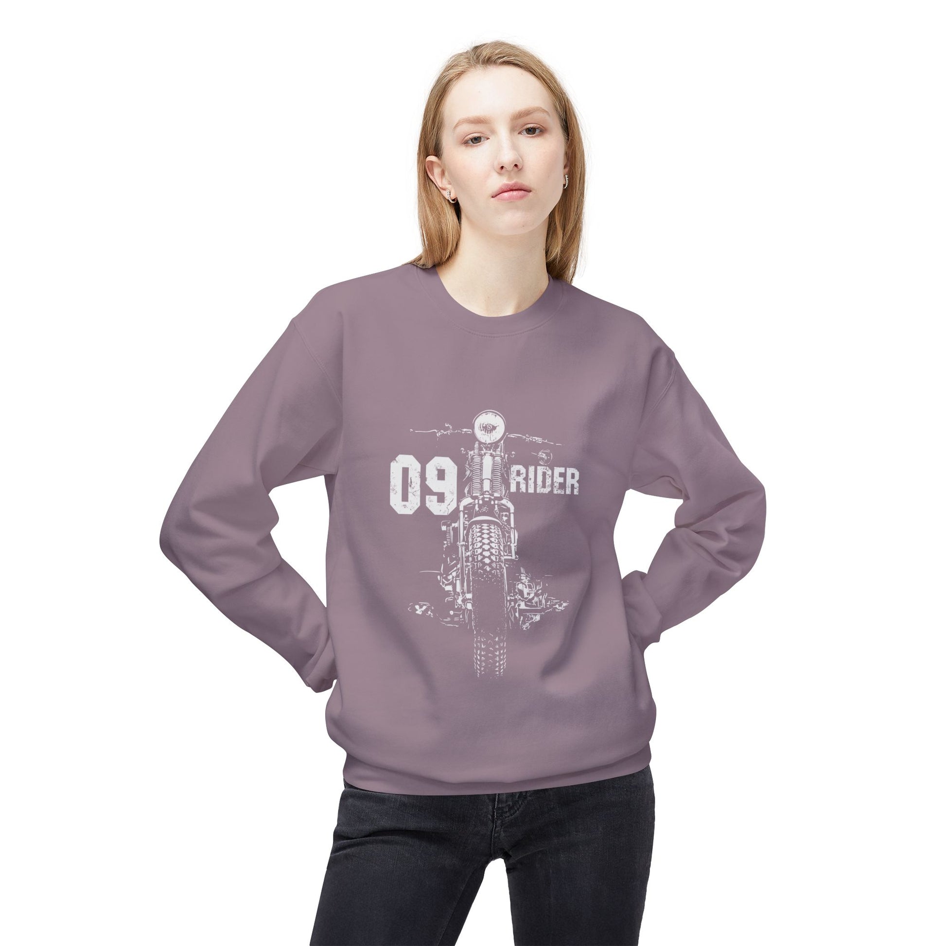 Retro Unisex Fleece Crew Sweatshirt - 09 Rider Design, Cozy Apparel, Gift for Bikers, Streetwear, Festival Wear, Everyday Comfort