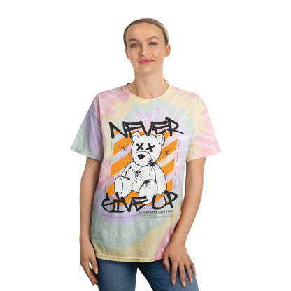 Unisex "Never Give Up" Tie Dye T-Shirt – Motivational Streetwear Graphic Tee with Teddy Bear & Inspirational Quote