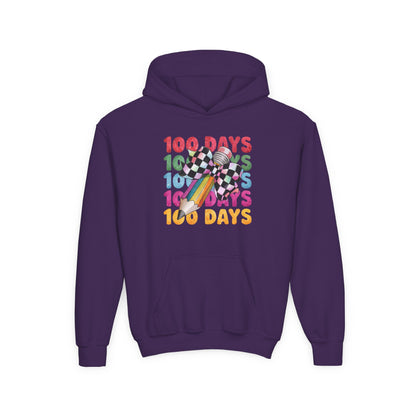 Colorful 100 Days Hoodie for Kids, Fun Sweatshirt for School Celebrations, Youth Fashion, Unique Gift for Students, Cozy Everyday Wear Purple