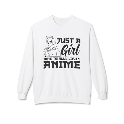 Anime Lover Crewneck Sweatshirt - Just a Girl Who Really Loves Anime, Unisex Casual Apparel, Anime Gift, Cozy Fashion, Fleece Sweater White