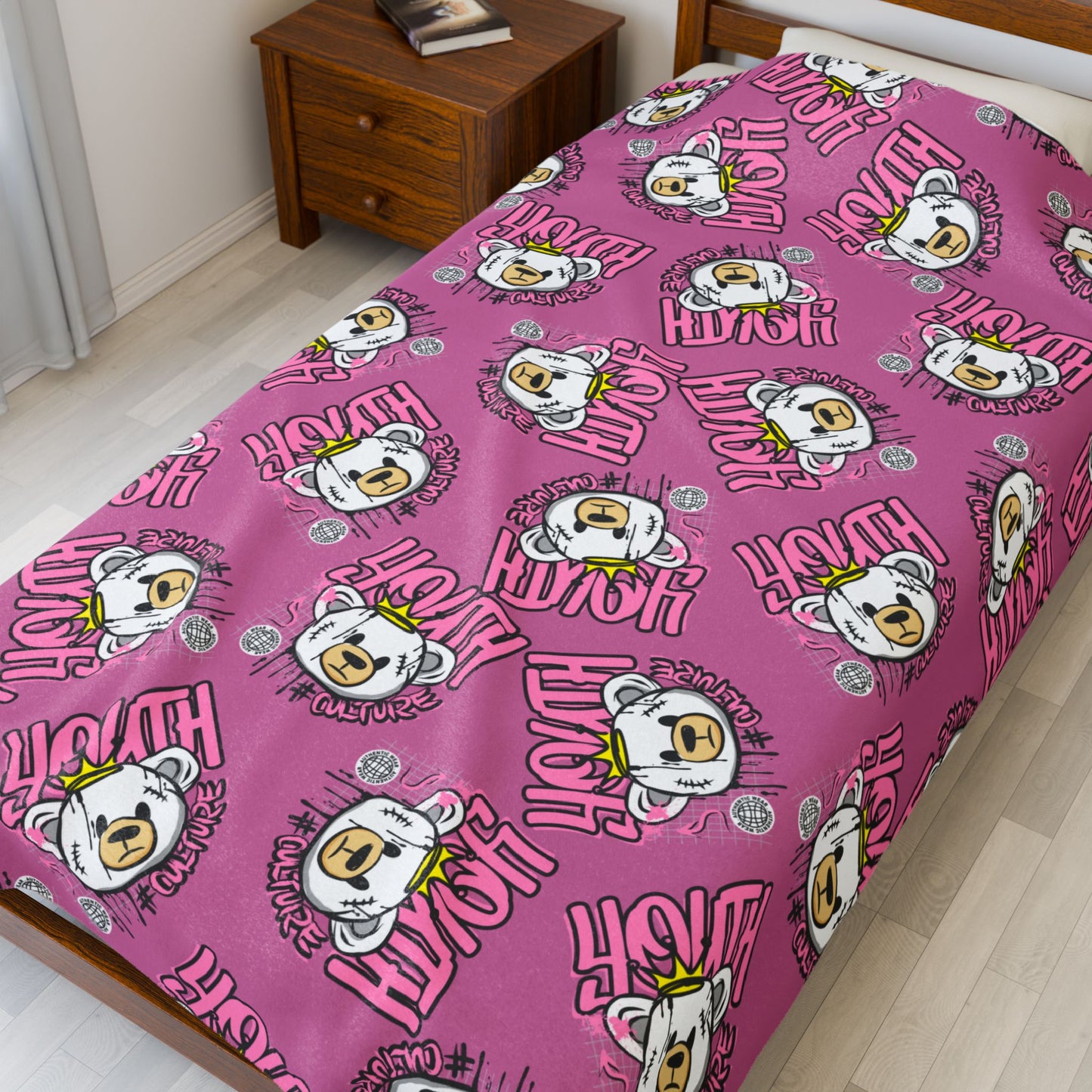 Youth Culture Bear Graphic Velveteen Plush Blanket – Soft Throw for Couch or Bed – Pink Urban Streetwear Home Decor 60" × 80"
